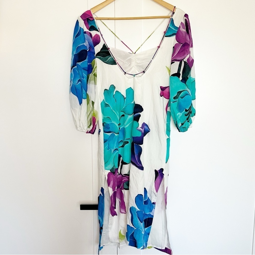 Maeve Floral Midi Dress 2 Petite purple teal feminine lined spring Anthropologie - Picture 8 of 14